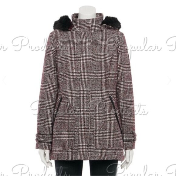 d.e.t.a.i.l.s | Faux Fur Hood Coat, Burgundy - Picture 2 of 5